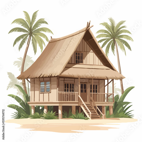 a flat vector of a traditional tropical house with a thatched roof, wooden stilts, and detailed side windows
