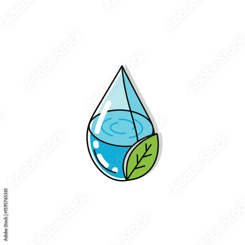 Simple illustration of a water droplet with a leaf, representing purity and nature.