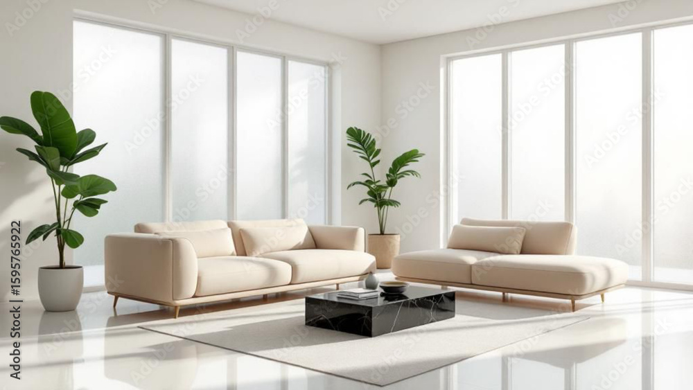 Fototapeta premium Cozy Living Room with Orange Sofa and Wooden Side Table
