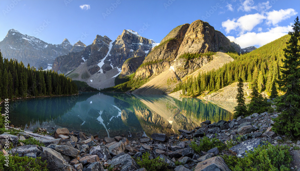 Obraz premium Mountain lake reflection evergreen forest rocky shore clear sky snow capped peaks tranquil water natural landscape scenic view outdoor nature wilderness