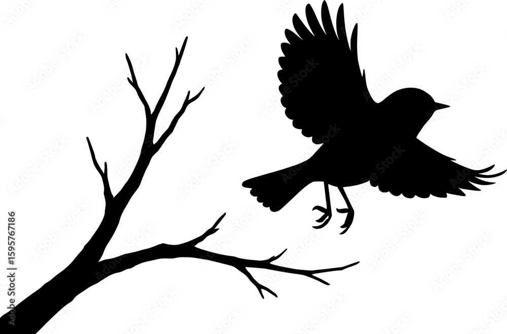 Fototapeta premium Flying bird silhouette leaving tree branch vector illustration, black and white minimal freedom concept, animal stencil design for tattoo, wall art, logo, symbol, and nature themes
