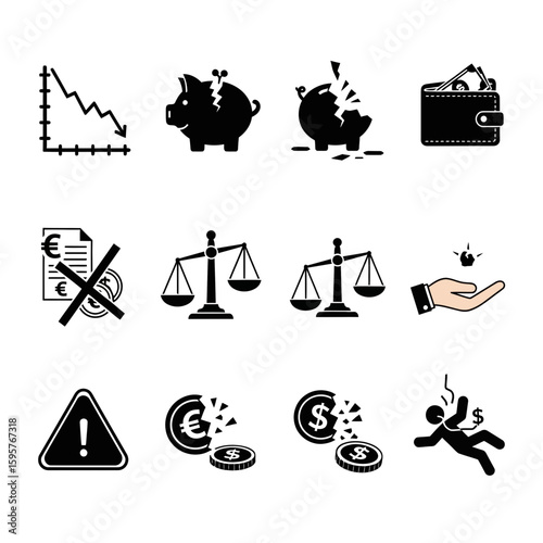 A collection of black and white financial icons depicting loss, imbalance, and negative trends.
