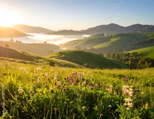 Golden Hour Sunlight Over Rolling Green Hills with Wildflowers and Misty Valleys