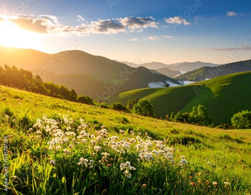 Golden Hour Sunlight Over Rolling Green Hills with Wildflowers and Misty Valleys