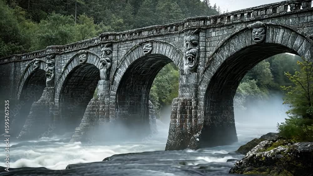 Ancient stone bridge over a misty river Ancient stone bridge over a misty river