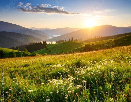 Golden Hour Sunlight Over Rolling Green Hills with Wildflowers and Misty Valleys