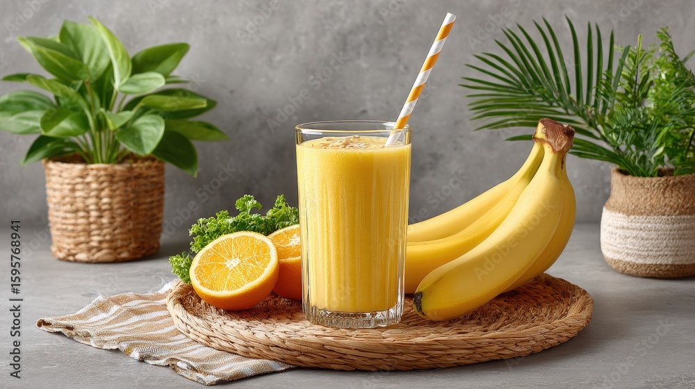 Fototapeta premium Fresh orange banana smoothie in a clear glass with a striped straw on a wooden tray surrounded by potted plants and citrus fruits