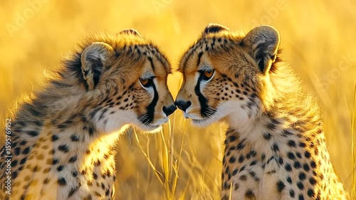 Two cheetahs facing each other in golden light.