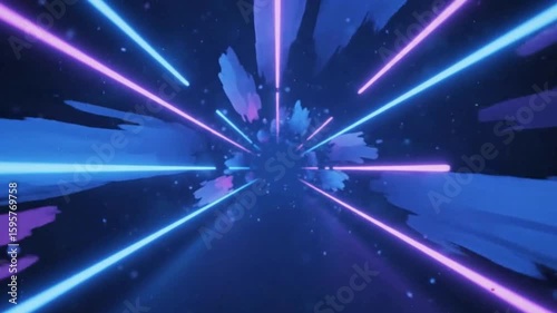 Immersive Futuristic Game Background: Dynamic Neon Light Tunnel with Abstract Blue and Purple Geometric Fragments, Creating a High-Speed Cyberpunk Experience for Digital Worlds