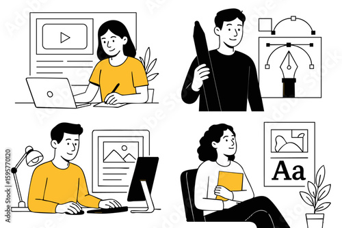 Designers Creative Gen z professionals working in design and digital content creation – flat illustration