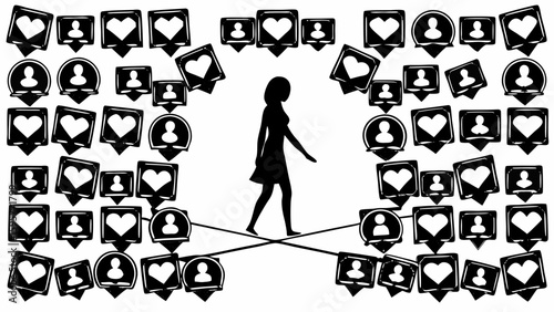 Silhouette of woman walking on a tightrope surrounded by social media icons in black and white style