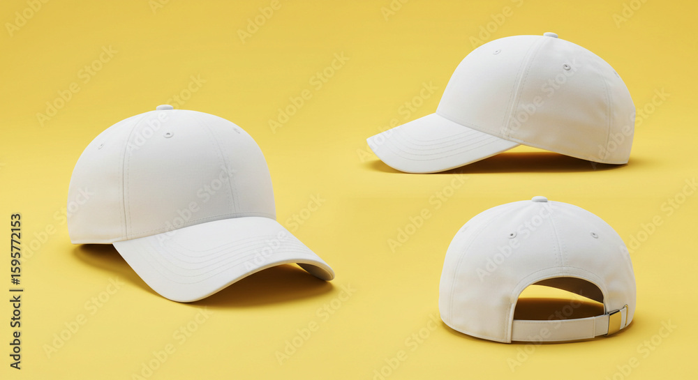 Fototapeta premium Three white baseball caps are displayed against a yellow background, showcasing the front, side, and back views of the blank headwear.