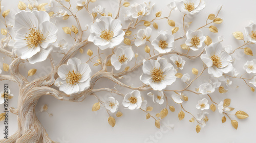 3D wallpaper featuring a white tree with golden flowers, set against a white background.
