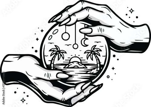 Two hands delicately cradle a crystal ball revealing a serene tropical sunset beach scene.