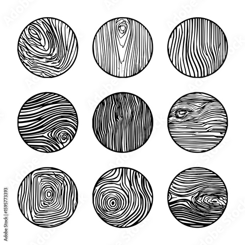 Collection of nine circular wood grain patterns in black and white showing different wood textures and rings