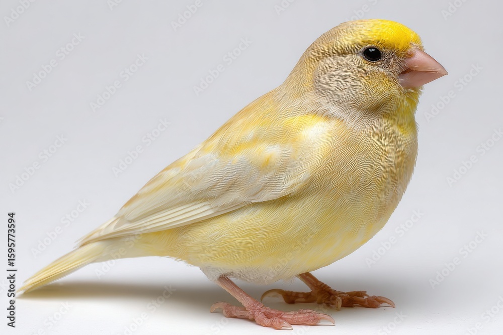 Obraz premium A small yellow canary bird with a bright yellow head perched on a white background