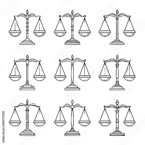 Collection of nine different scales of justice illustrations in a grid pattern with various designs and styles