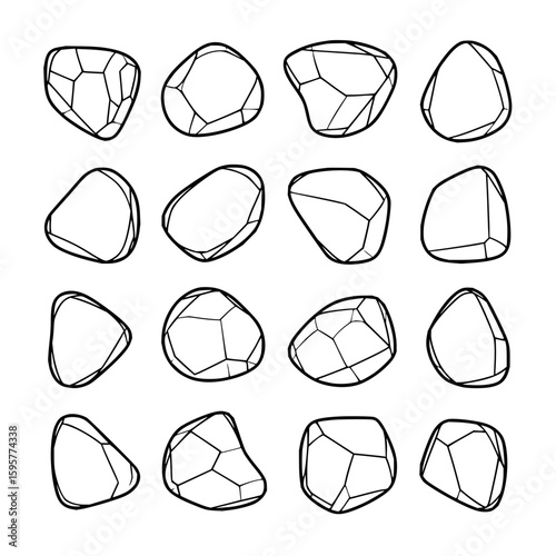 Collection of sixteen abstract geometric shapes with irregular outlines and internal divisions in black and white