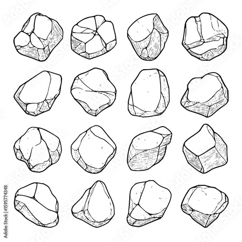 Illustration of a collection of twelve stones with various shapes and line art details on a white background