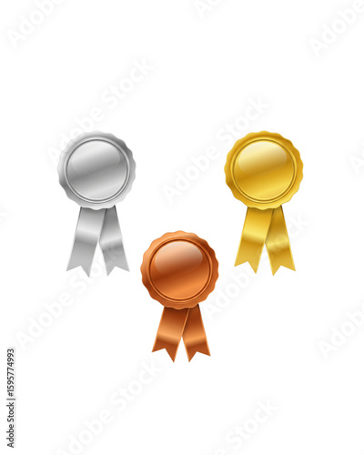 Vector illustration of a set of award seal ribbons in silver, gold, and bronze. Each seal features a round medallion with a glossy 