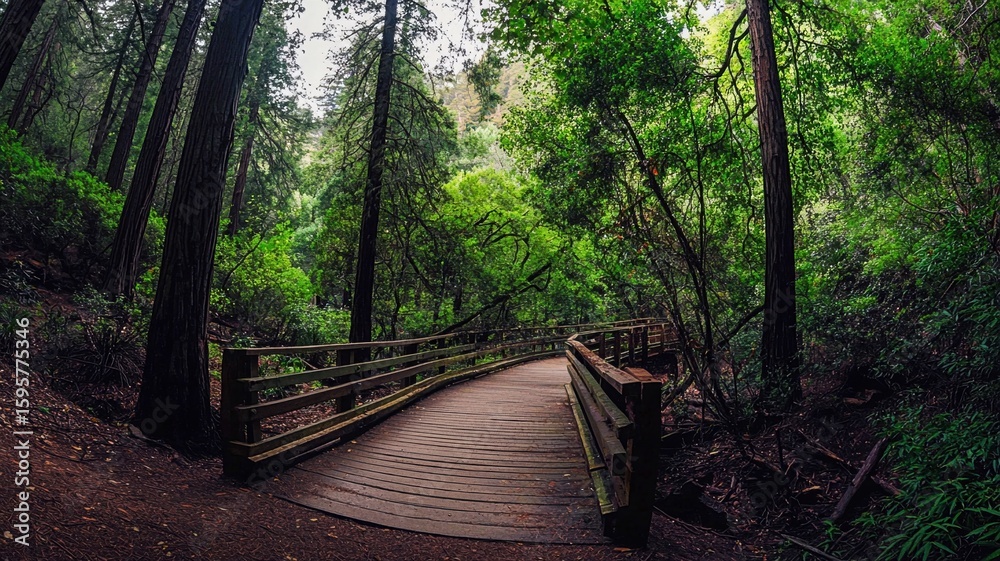 Fototapeta premium Boardwalk bridge in shaded tropical forest