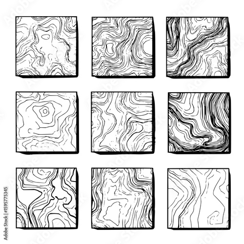 Nine square illustrations displaying abstract line patterns in black and white colors scheme design