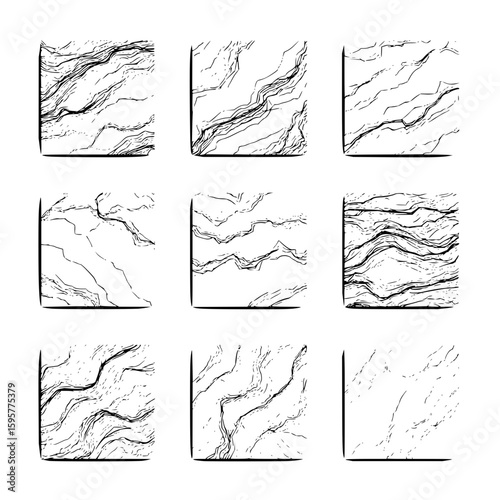 Nine square tiles displaying abstract black and white line patterns with varying densities and arrangements