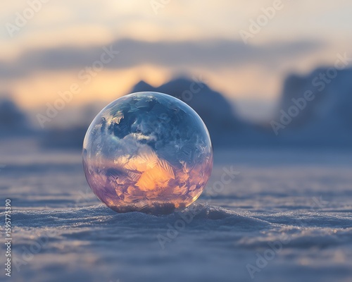 Frozen bubble reflecting a colorful sunset. Frozen Art Photography