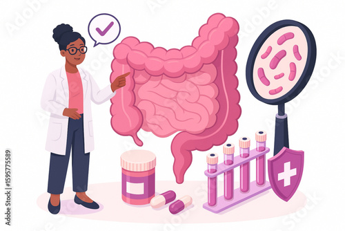 Doctor explaining gut health and digestive wellness, promoting probiotics and healthy lifestyle choices for improved gut bacteria and overall wellbeing, showcasing intestinal flora benefits