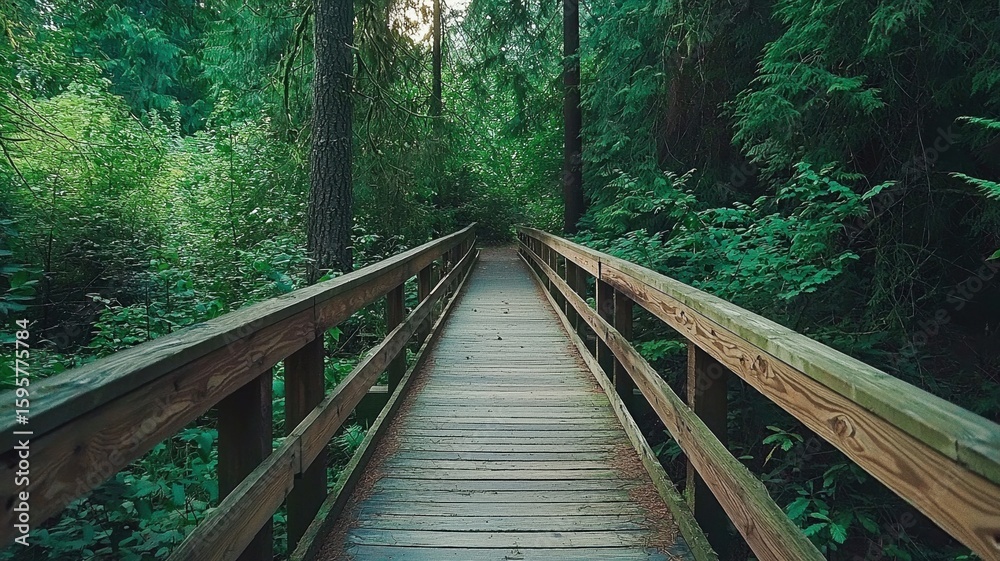 Fototapeta premium Boardwalk bridge in shaded tropical forest