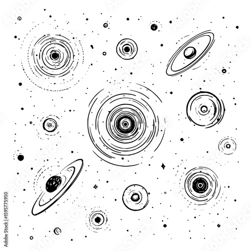 Hand drawn space scene with planets stars and cosmic dust in black and white artistic illustration