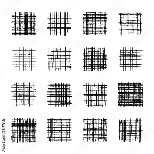 Sixteen square grid patterns with varying line densities and styles in black and white arrangement