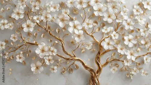 3D floral tree art with white blossoms, golden branches. Sophisticated, decorative design. Beautiful, luxurious. Intricate details, elegant forms. Ideal for modern interior designs. High quality