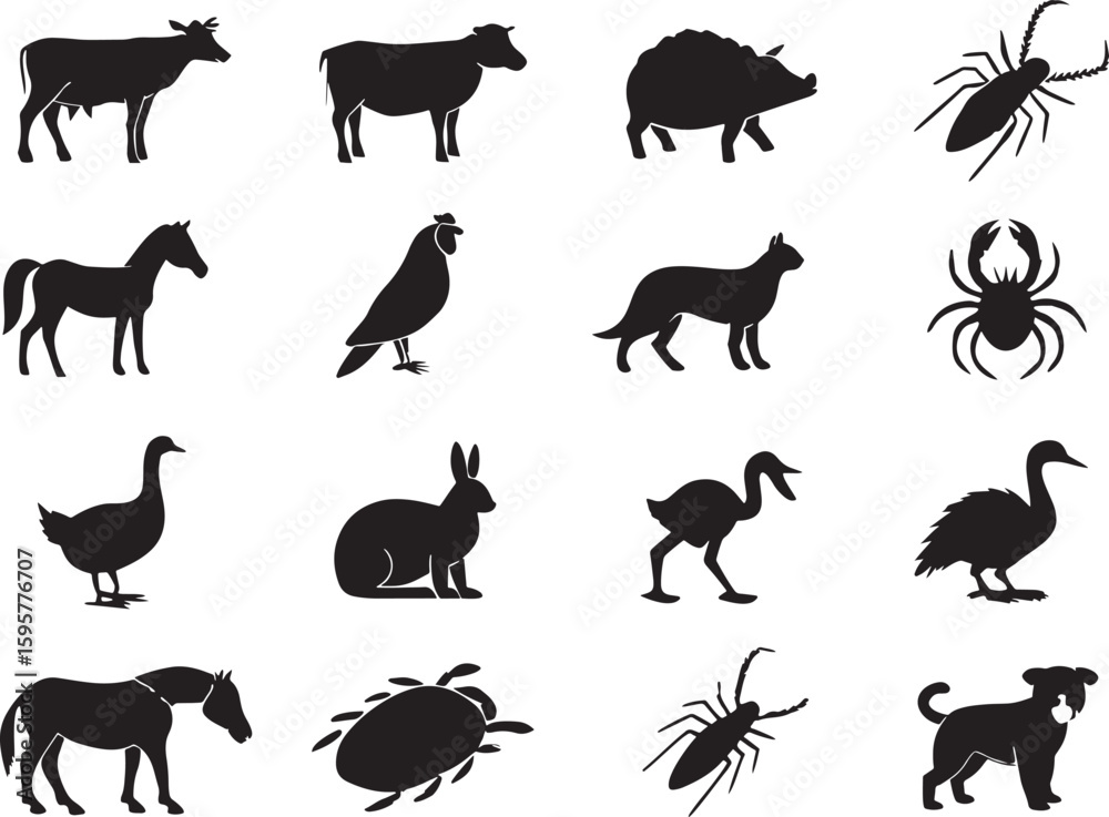Naklejka premium Farm Animal Silhouette Icons Set Premium Vector Collection
