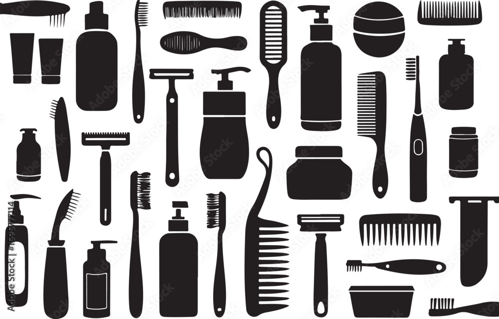 Obraz premium Toiletries Silhouette Set Featuring Grooming Tools for Daily Hygiene Routine