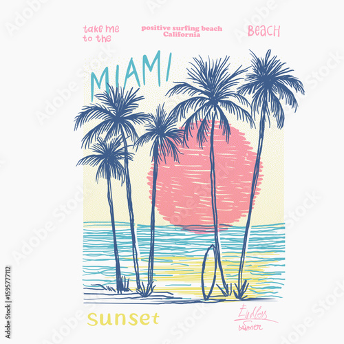 hand drawn sunset Miami graphics. Sun beach modern abstract art. Summer vibes retro artwork. Sunset paradise graphic print design. palm tree star together t shirt print design.