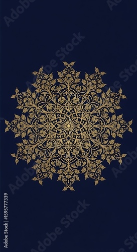 Elegant golden floral mandala on dark blue background creating a luxurious backdrop