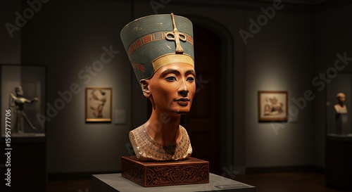Bust of Egyptian Queen Nefertiti in museum display  
Iconic ancient artifact with historical importance  
Sculpted detail reflecting classical Egyptian art  
Symbol of power, royalty, and timeless ele