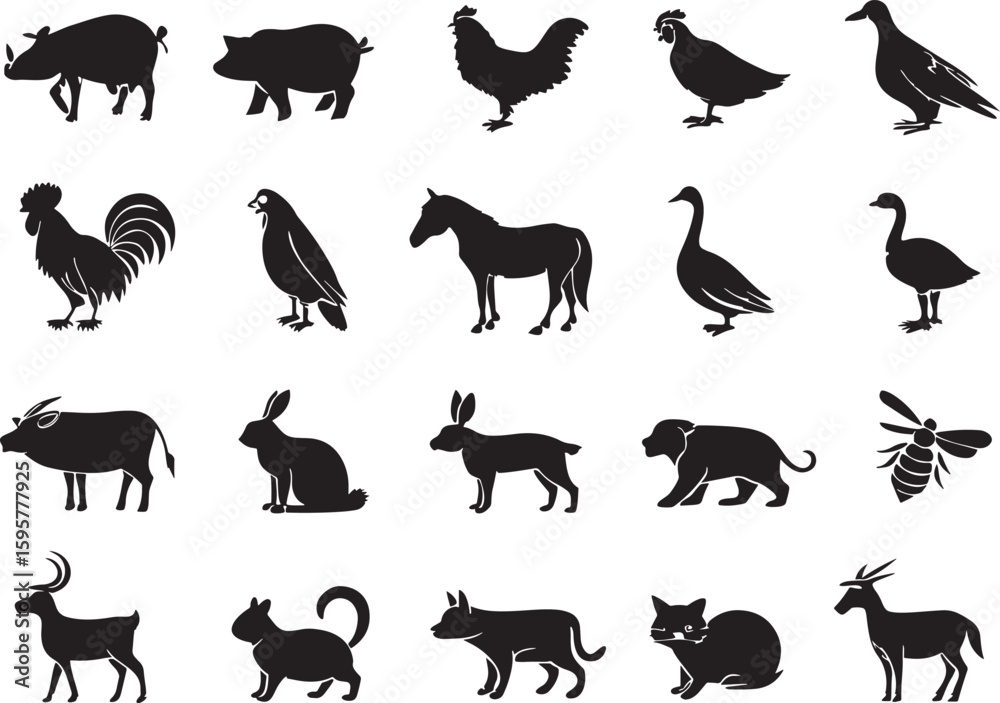 Obraz premium Farm Animal Silhouette Icons Set Premium Vector Collection