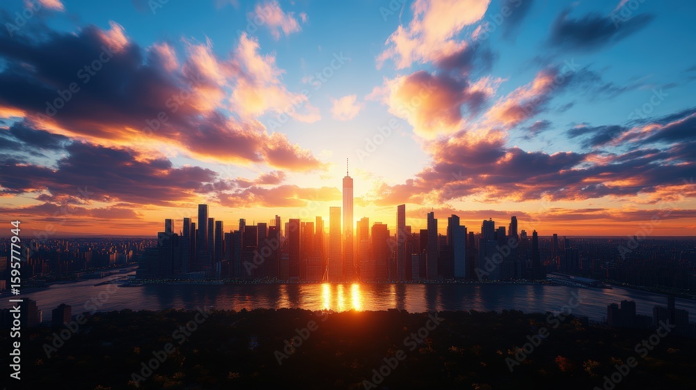 Naklejka premium Stunning cityscape sunset over a modern skyline with vibrant clouds and reflective river view