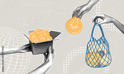 Trendy halftone collage. Exchange of ideas and conceptual illustration of innovations. Concept of new business ideas, innovations, sorting of ideas.