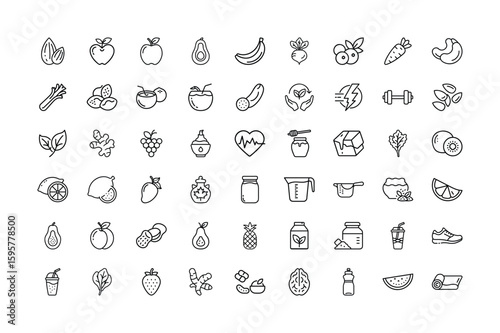 Outline Icons Representing Healthy Food Fitness and Sustainability for Wellness