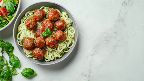 Wallpaper Mural Pesto zoodles with red chicken meatballs and basil leaves Torontodigital.ca