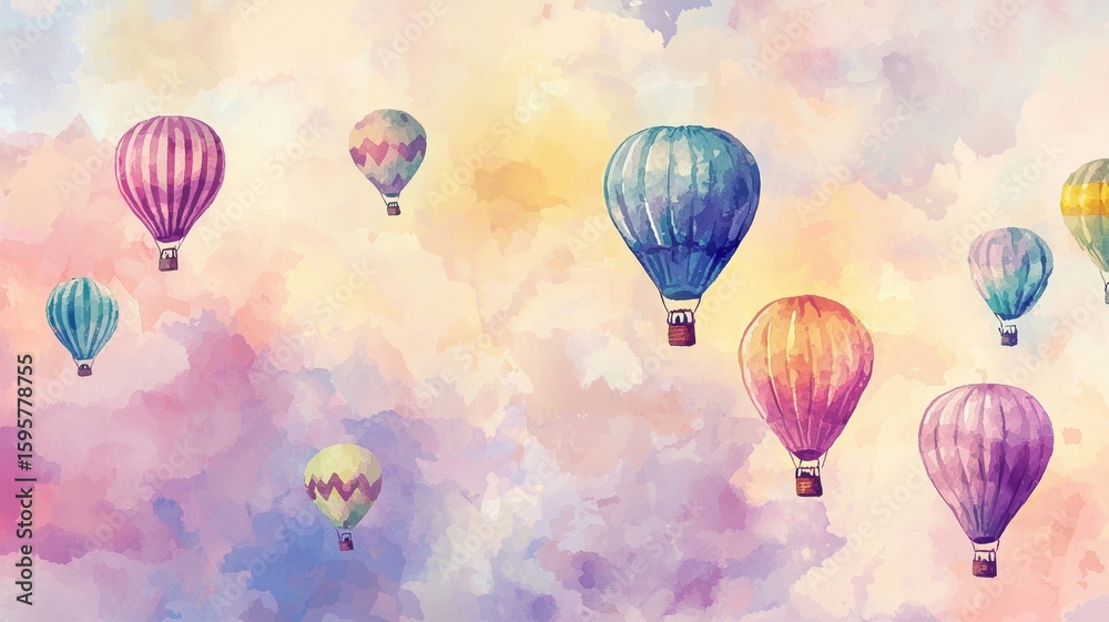 Obraz premium Vibrant hot air balloons flying over rainbow skies