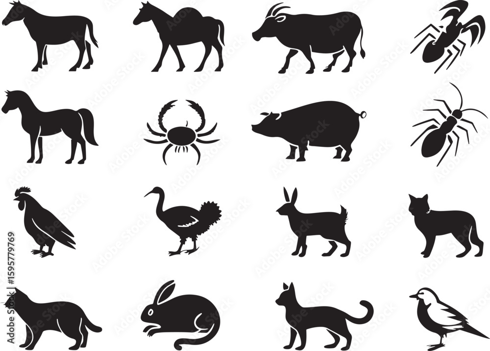 Obraz premium Farm Animal Silhouette Icons Set Premium Vector Collection