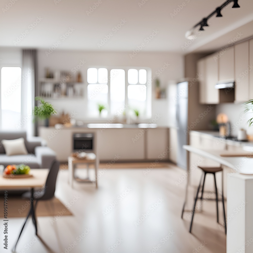Fototapeta premium Blurry interior view showcases a bright, modern open-concept living space with natural light inflow.