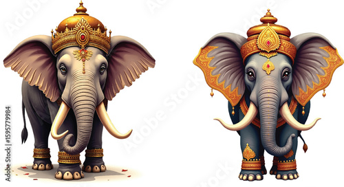 A majestic royal Indian elephant, adorned with intricate golden ornaments and delicate filigree patterns, is set against a pure white background