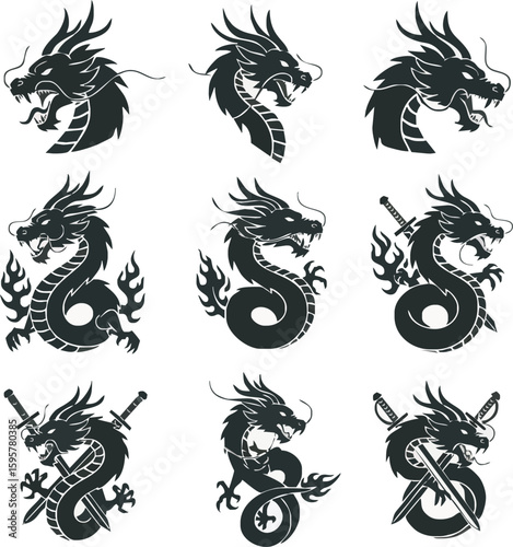 Silhouette dragon designs, various poses and with swords.