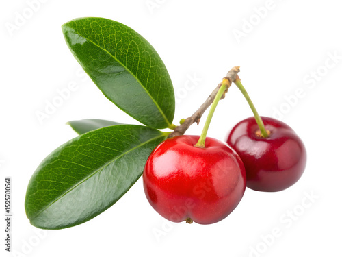 Wallpaper Mural Two ripe cherries with green leaves on a dark background Torontodigital.ca