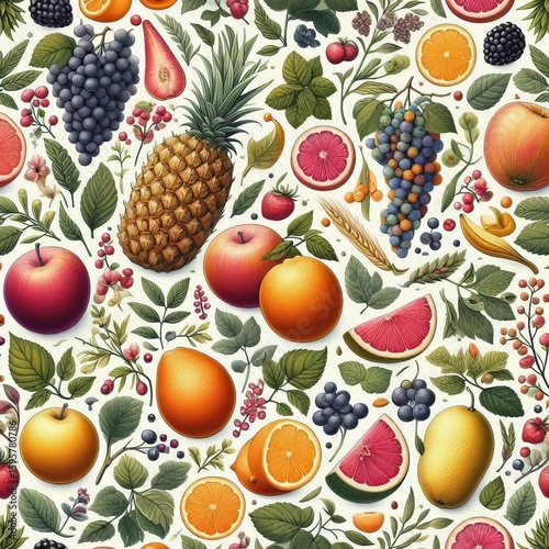 Vibrant seamless pattern featuring diverse fruits and lush foliage for an organic, fresh feel